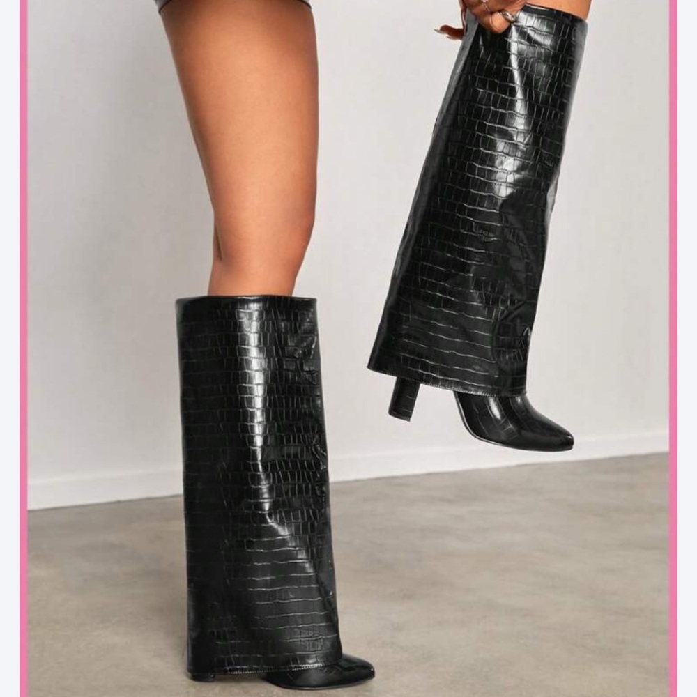 Black Croc-Embossed Knee-High Boots